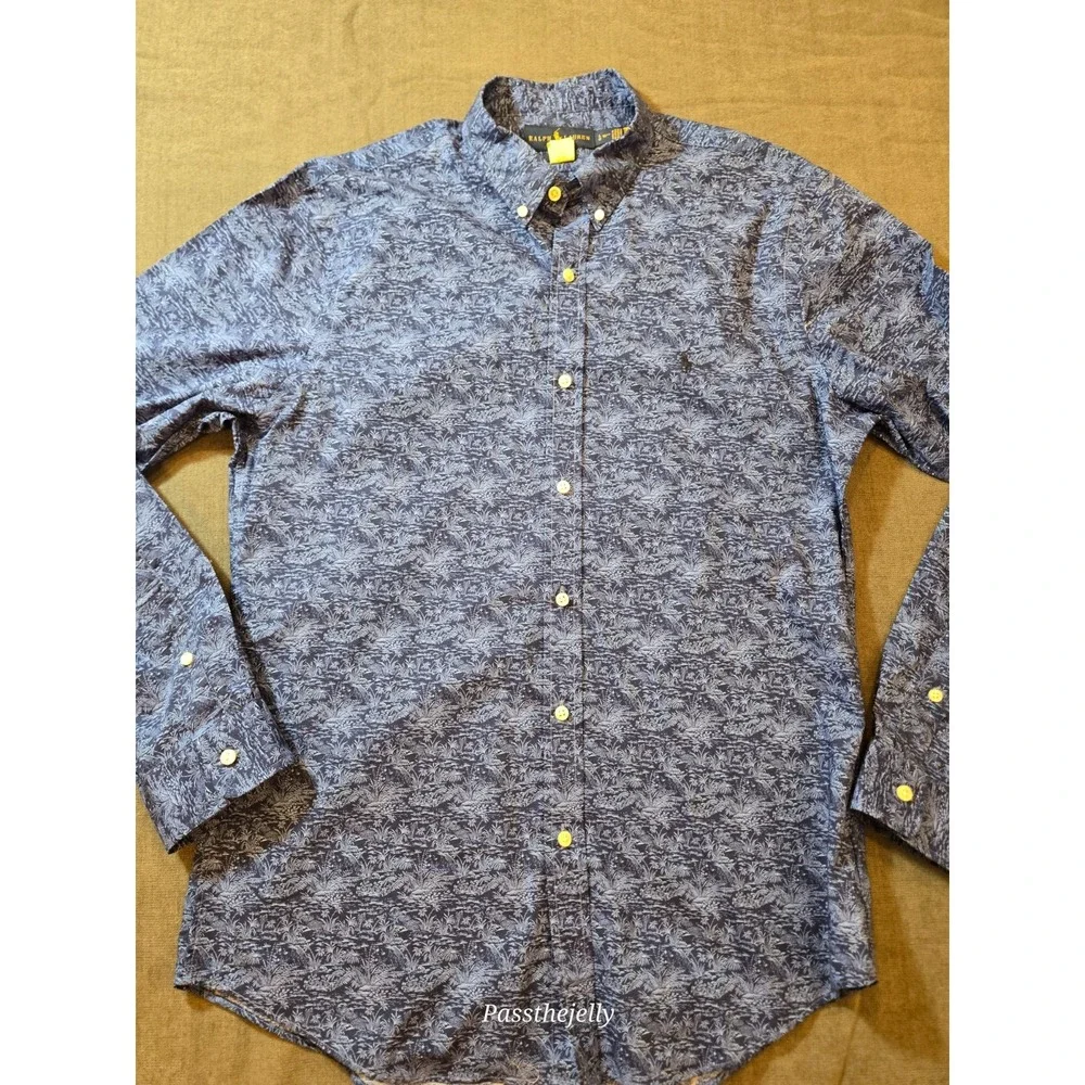 Polo Ralph Lauren Men's L Slim Fit Geometric Long Sleeve Shirt Lightweight Blue